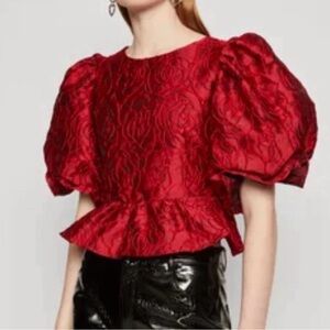 Sister Jane Top Womens Small Red Puff Sleeve Rose Floral Jacquard Open Back NEW